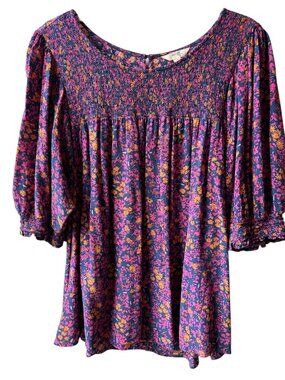 2X Terra & Sky Smocked Floral Short Sleeve Shirt Blouse Top Purple Pink Coquette